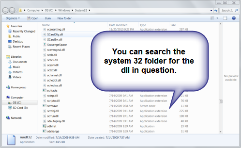 Check the folder for the rundll file location Check the folder for the rundll file location