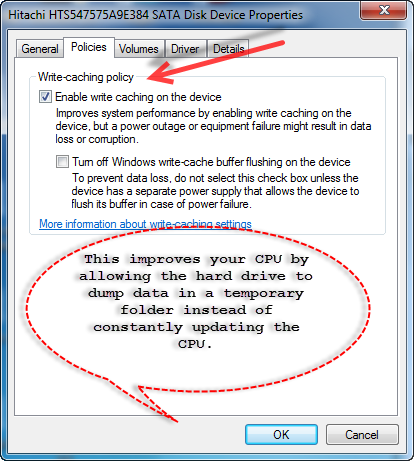 You can speed up a slow CPU with write caching which allows the hard drive to write to temporary space instead of constantly pinging the CPU. You can speed up a slow CPU with write caching which allows the hard drive to write to temporary space instead of constantly pinging the CPU.